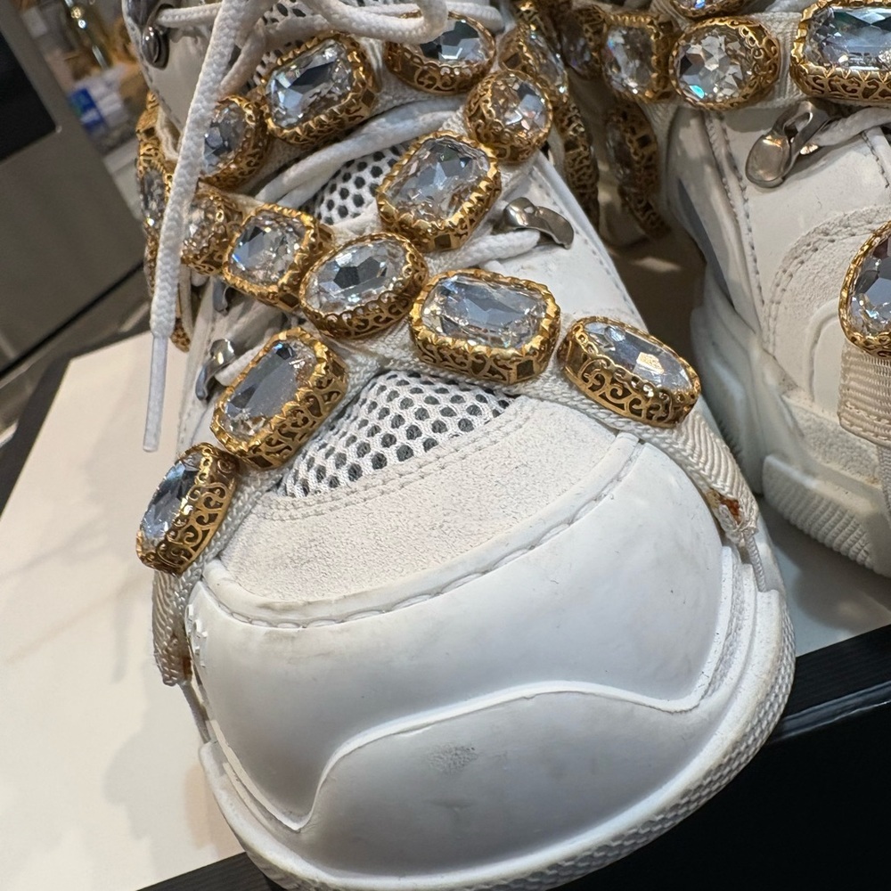 Gucci Women's Cream Sneakers with Gold and Silver Accents - Picture 4 of 8